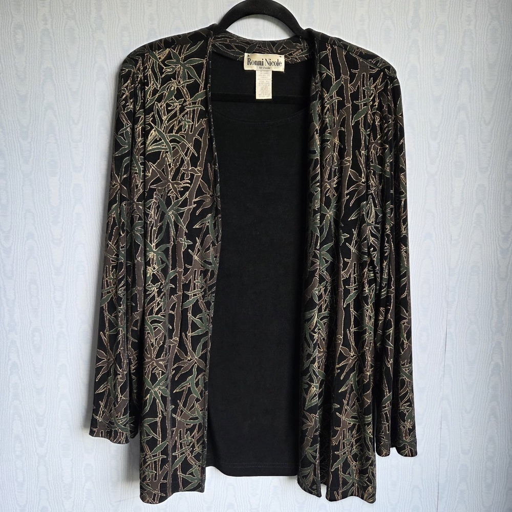 Vtg Ronni Nicole 12 Liquid Knit Open Front Cardigan Top Black Gold Green Bamboo